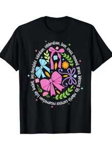 A Cross Surrounded By Colorful Ribbons, Flowers, And Messages Of Love, Hope, And Renewal That Inspire Joy And Faith With Vibrant Details And A Positive Spirit. A Comfortable And Modern Casual Women's T-Shirt. - 黑色 - 查看 8