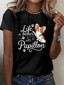 Un adorable perro Papillon rodeado de huellas simboliza la alegría y lealtad que un compañero peludo aporta a la vida reflejando amor y energía positiva en cada momento camiseta de mujer casual ideal para amantes de los animales - Negro - Ver 8