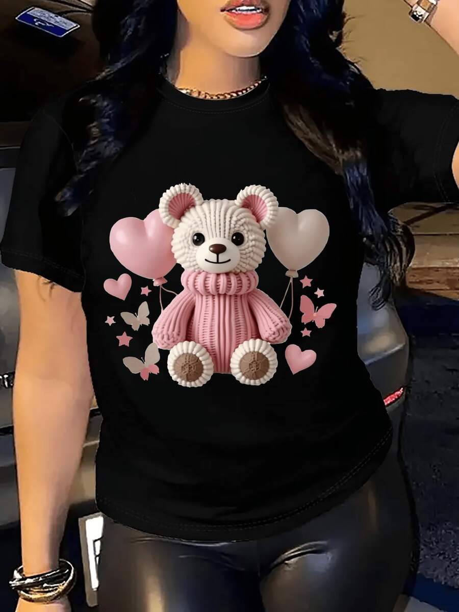 Camiseta de algodón de manga corta para mujer, moda femenina, letras, estampados, estampado direccional, cuello redondo para primavera y otoño, camisetas para mujer. - Negro - Ver 1