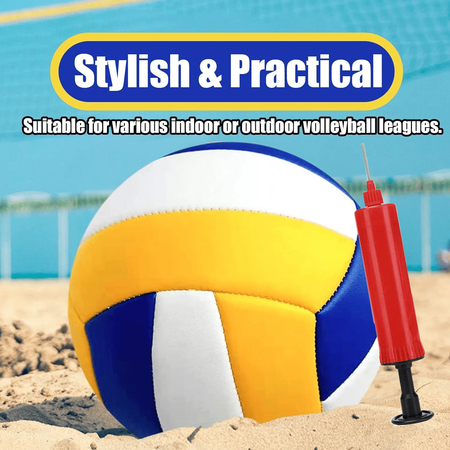 Soft Volleyball + Inflatable Set - Yellow, Blue And White Color Scheme, Standard Size 5, Suitable For Indoor/Outdoor Training, Beach Volleyball And Home Use. Perfect For Beginners | Great Gift For Sports Enthusiasts. - Multicolor - View 1