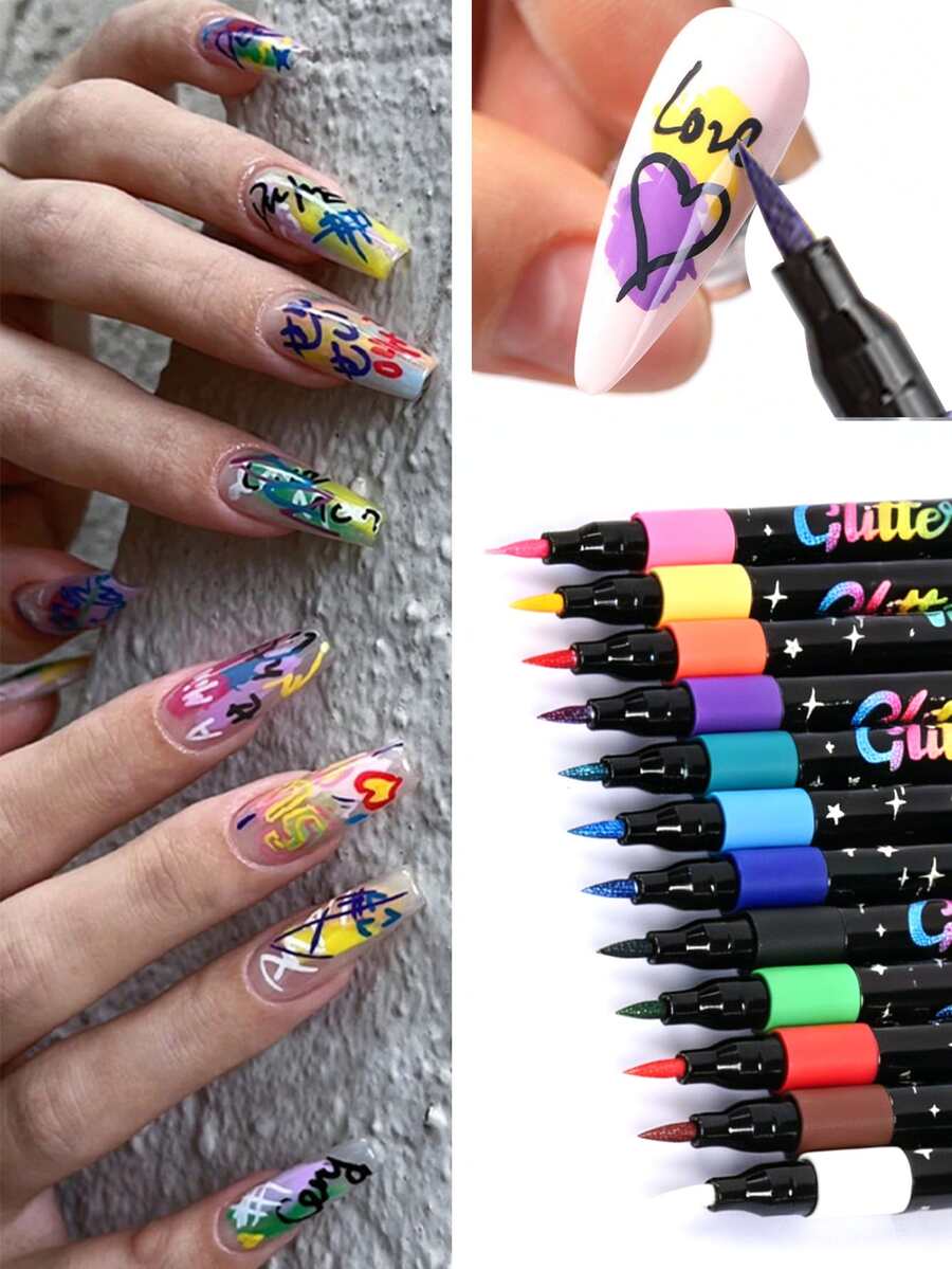 12/24 Pcs/Set Nail Art Graffiti Pen, 0.5mm Acrylic Paint Pen, Nail Art Graffiti Pen, Waterproof Nail Polish, DIY Quick Dry Dotting Pen, Precise 3D Nail Art Marker, Quick Dry, Suitable For Home And Nail Salon DIY, Rich In Detail, Durable - Multicolor - View 1