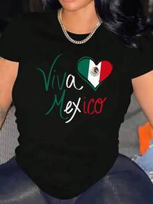Women's Viva Mexico Patriotic Graphic T-Shirt - Mexican Flag Heart Design, Casual Short Sleeve Crew Neck, Machine Washable, Spring And Summer T-Shirt For Women, Festive Outfit, Cultural Celebration Shirt, Bold Text Design, All Season Clothing - 黑色 - 查看 1