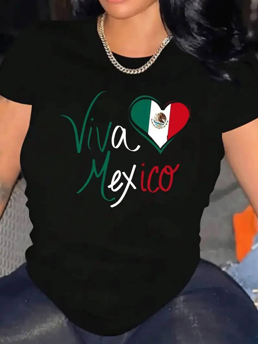Women's Viva Mexico Patriotic Graphic T-Shirt - Mexican Flag Heart Design, Casual Short Sleeve Crew Neck, Machine Washable, Spring And Summer T-Shirt For Women, Festive Outfit, Cultural Celebration Shirt, Bold Text Design, All Season Clothing - 黑色 - 查看 1
