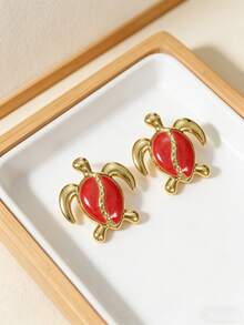 Elegant Enamel Sea Turtle Earrings, Bohemian Beach Ocean Stud Earrings, Delicate And Fashionable Sea Turtle Earrings, Women's Animal Jewelry, Suitable For Beach Parties And Balls As Accessories - H2-01 Red - View 3