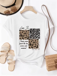 Pattern Combining Wild Leopard Shapes And Zebra Stripes Symbolizing Freedom, Strength, And Positive Love To Inspire Joyful Moments. Women's Casual, Modern, Comfortable T-Shirt For Summer - 白色 - 查看 1