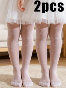2 pares de medias ligeras de malla blanca para niñas, con diseño de mariposa, leggings de estilo princesa delicado - Blanco - Ver 8