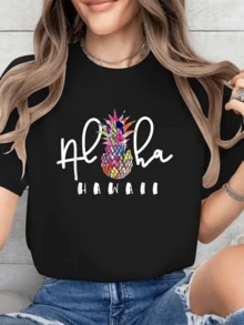 Piña multicolor con la palabra Aloha que transmite energía tropical espíritu de verano y alegría isleña perfecta para viajes y momentos relajados camiseta de mujer casual cómoda moderna - Negro - Ver 8