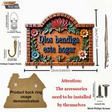 2D Flat 1 Piece Wooden Key Holder Rack With Floral Family Blessing Hooks For Wall Porch Room Villa Decoration Seasonal Home Decor Entryway Organizer Display Stand - Multicolor - View 3