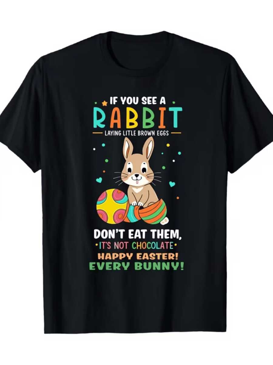 A Playful Bunny Surrounded By Colorful Eggs Embodies The Joy And Tenderness Of The Easter Season, Conveying A Positive And Festive Message. This Women's T-Shirt Features A Cheerful And Modern Print, Perfect For Celebrating In Style. - 黑色 - 查看 1