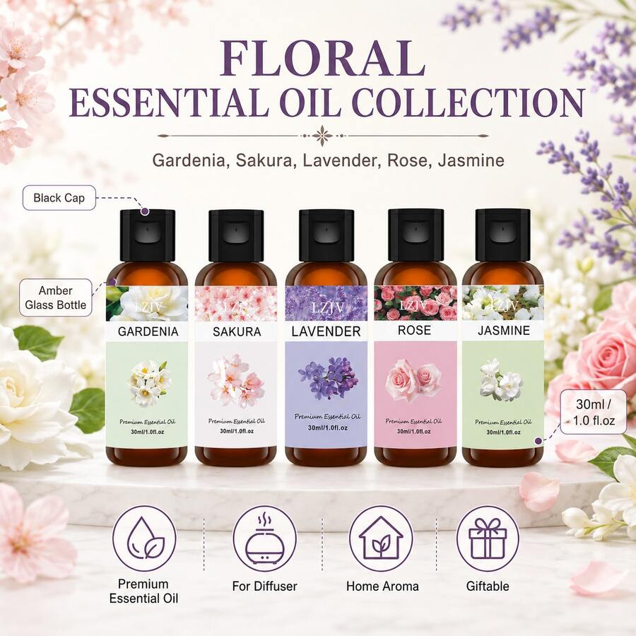LZJV 30毫升多瓶装混合花香精油套装,包含薰衣草、玫瑰、樱花、茉莉、栀子花香型,优质芳香疗法精油,天然香氛油,男女皆宜,适用于香薰机、香薰蜡烛、加湿器——舒缓家居及车载空气清新剂,异域森林香氛按摩油,助眠及车载香薰精油扩香器 - 多樣化花香30ml - 查看 1