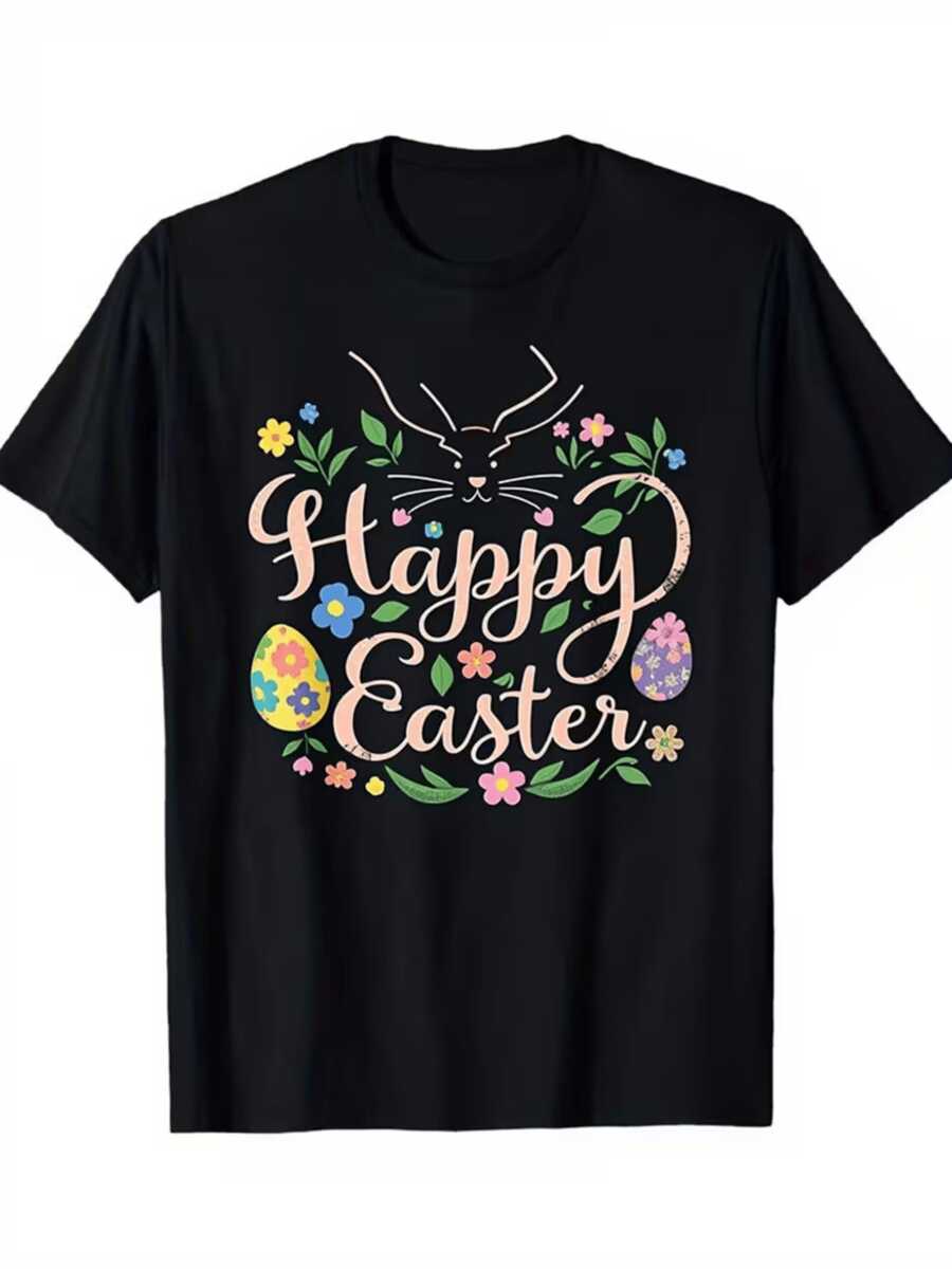 Rabbit Surrounded By Colorful Flowers And Decorative Eggs Conveying Joy And Easter Celebration; Women's T-Shirt With Festive Message And Elegant Casual Style - Black - View 1