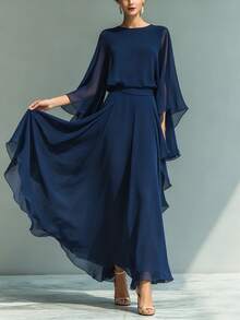 New Dark Blue Ruffled Wide-Leg Pants Suit For Women, Fashionable And Elegant Two-Piece Set With Long Sleeves And Casual Pants - 深藍色 - 查看 3