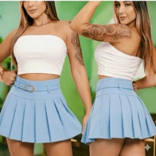 Women's Tailored Pleated Short Skirt With Belt, Schoolgirl Style, Summer, Simple, Party, Sexy Fabric, With Belt, Sizes P To G, Beach, Home, Street, Timeless - 淺藍色 - 查看 2