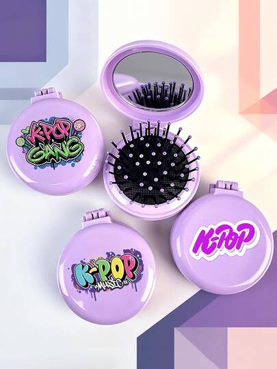 2D Printed Pink Small Round Comb With Mirror, Portable 2-In-1 Makeup Mirror Comb, Ladies Mini Air Cushion Massage Comb, Foldable. Suitable For Travel, Camping, Office, Business Trip, Performance And Other Occasions