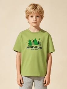 Balabala Kids Summer Short Sleeve T-Shirt, Boys & Girls Graphic Print Tops, Comfortable New Casual Wear - Yellow Green - View 3