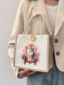 卡通猫咪印花手提袋，字母图案，可重复使用印花手提包，女士双提手购物袋/背包，大容量单肩包，休闲手提袋，情人节收纳袋，返校午餐包，适合通勤、上学和购物，方便户外活动 - 彩色 - 查看 14