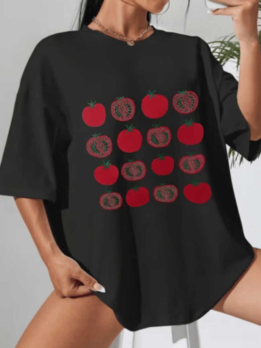 Tomates rojos dispuestos en filas simbolizan frescura energía vital y conexión con la naturaleza inspirando alegría y optimismo camiseta de mujer casual moderna y cómoda - Negro - Ver 1