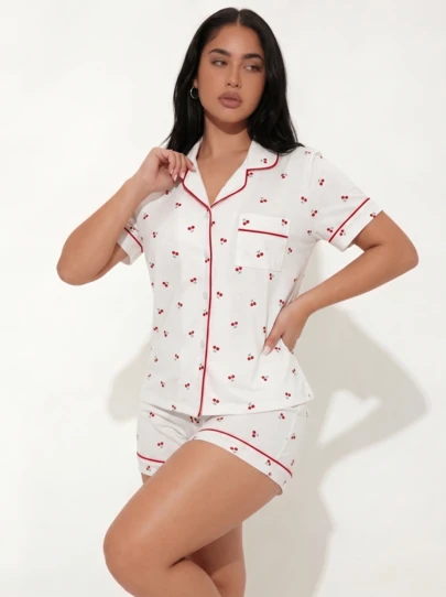 Snug League HOREA 2pcs Cherry Print Women Loungewear Set, Short Sleeve Lapel Cardigan Top & Relaxed Elastic Waist Shorts, Casual Pajama Set & Spring Home Outfit