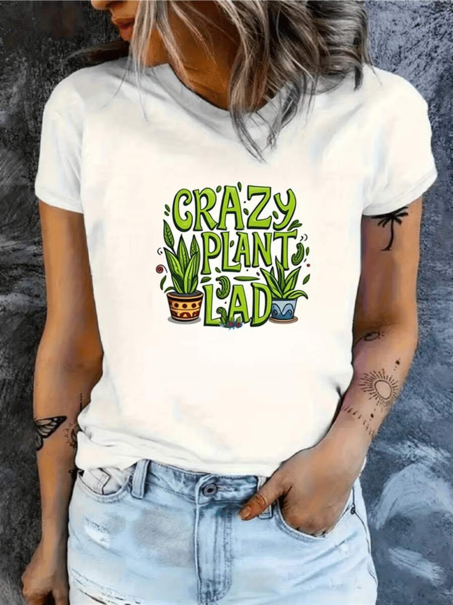 Plantas verdes alegres en macetas coloridas que simbolizan energía y amor por la naturaleza con letras divertidas que inspiran frescura y optimismo camiseta de mujer casual moderna cómoda para uso diario - Blanco - Ver 1