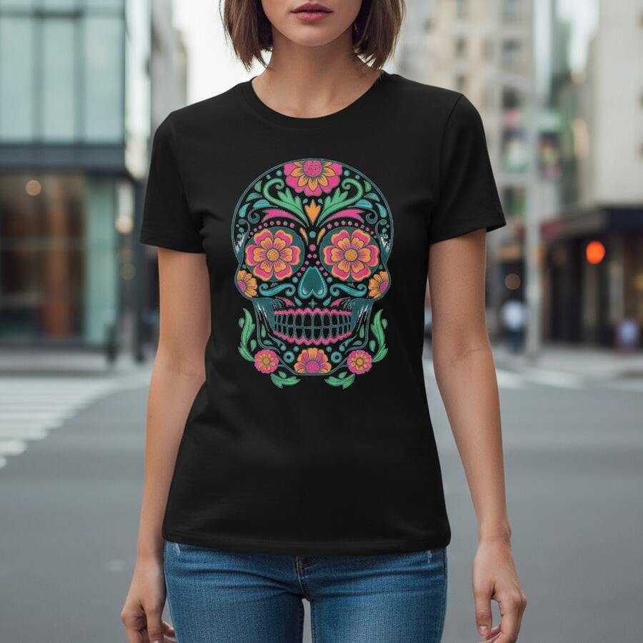 Vibrant Marigold Sugar Skull Tee - Traditional Mexican Folk Art Apparel - Negro - Ver 1