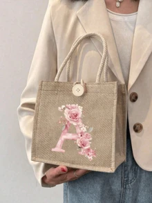 1个字母图案手提包，粉色玫瑰花卉亚麻手提包，装饰纽扣点缀手提包，简约大容量手提包，便携休闲收纳手提包，多功能购物袋，大容量，适合购物、单肩包、手提包、午餐包，适合女性日常使用、约会、生日、节日、返校、夏季、度假、海滩、商务旅行、上学、野餐、露营、日常收纳（纽扣款式随机） - 彩色 - 查看 5