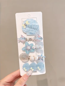 5pcs/Set Juego de pinzas para el cabello con tema oceánico, pinzas para el cabello de mujer con concha azul, estrella de mar, cola de sirena, accesorios para el cabello decorados con perlas lindos adecuados para vacaciones en la playa, pasadores para el cabello - Multicolor - Ver 3