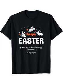 Conejos blancos alegres rodeados de flores coloridas celebrando la Pascua con un mensaje divertido que transmite felicidad y energía positiva camiseta de mujer casual cómoda para fiesta o diario - Negro - Ver 1
