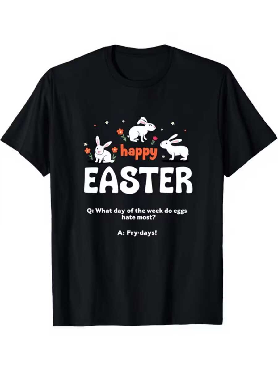 Conejos blancos alegres rodeados de flores coloridas celebrando la Pascua con un mensaje divertido que transmite felicidad y energía positiva camiseta de mujer casual cómoda para fiesta o diario - Negro - Ver 1