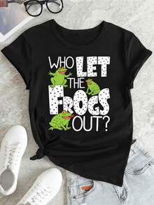 Cheerful Green Frogs Hopping Energetically Represent The Fun And Freedom Of The Adventurous Spirit. Casual Women's T-Shirt With A Fun, Humorous Message For Everyday Wear. - 黑色 - 查看 8
