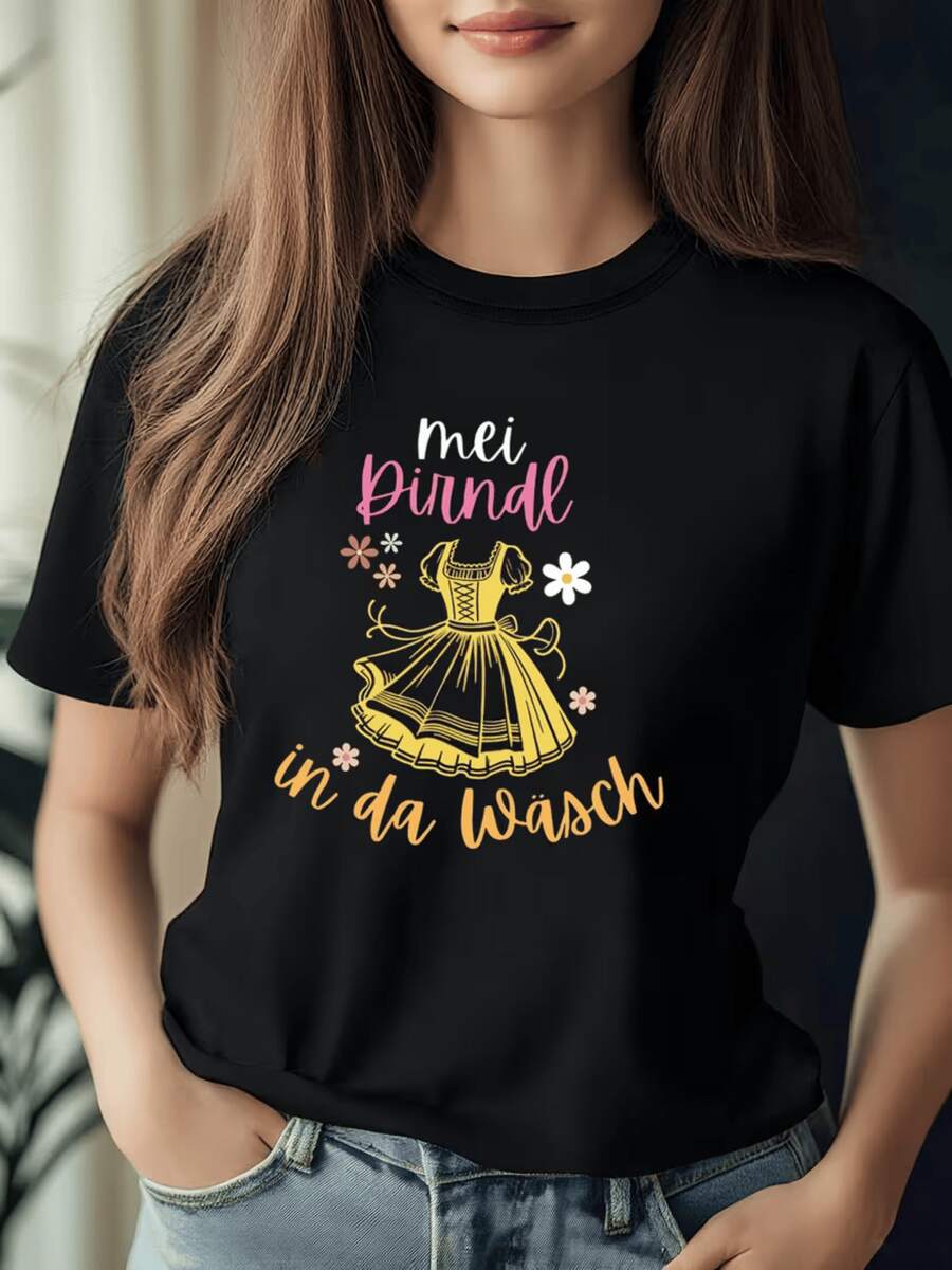 Traditional Bavarian Dress In Warm Tones With Flowers That Evoke Joy And Cultural Connection With Fun Slogans; Modern, Comfortable Casual Women's T-Shirt For Everyday Wear - 黑色 - 查看 1