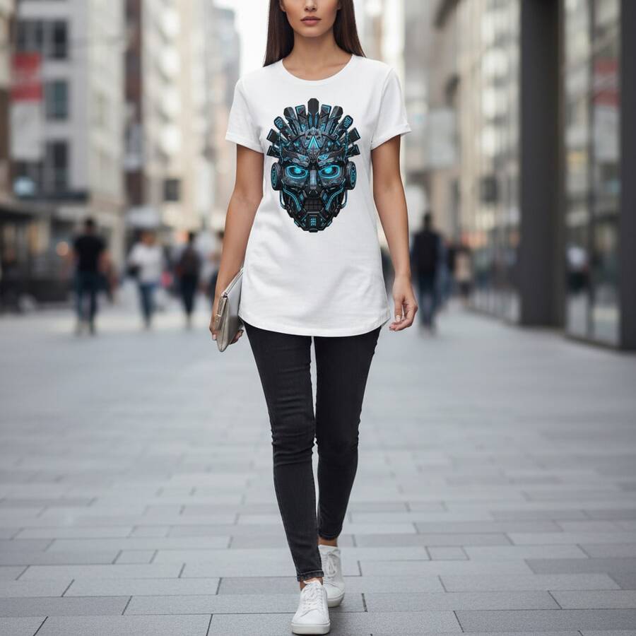 Cyberpunk Warrior Mask Tee - Futuristic Techwear Graphic - Blanco - Ver 1