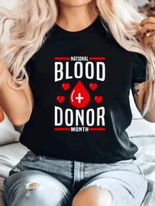Red Drop With Hearts And A Message Honoring Voluntary Blood Donation, Inspiring Solidarity And Hope. Comfortable, Modern Women's T-Shirt, Ideal For Promoting Humanitarian Actions. - 黑色 - 查看 1