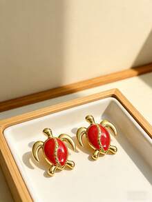 Elegant Enamel Sea Turtle Earrings, Bohemian Beach Ocean Stud Earrings, Delicate And Fashionable Sea Turtle Earrings, Women's Animal Jewelry, Suitable For Beach Parties And Balls As Accessories - H2-01 Red - View 4