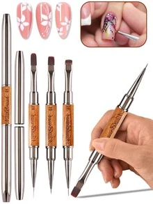 1/3pcs Double-Ended Wooden Handle Multi-Functional Nail Art Brush Set, Suitable For Acrylic, Gel, Polygel Nails, Can Be Used For French Manicure, Line Drawing, 3D Carving, Relief, Nail Care And Fine Sketching - Multicolor - View 2