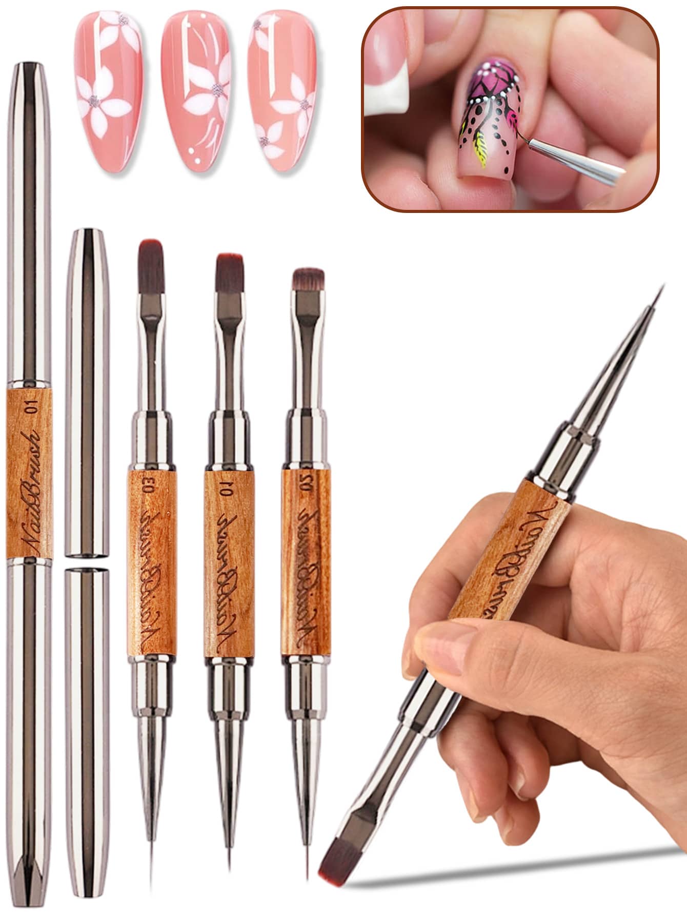 1/3pcs Double-Ended Wooden Handle Multi-Functional Nail Art Brush Set, Suitable For Acrylic, Gel, Polygel Nails, Can Be Used For French Manicure, Line Drawing, 3D Carving, Relief, Nail Care And Fine Sketching