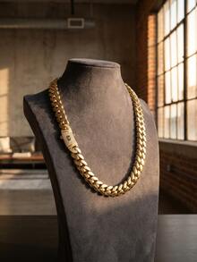 1pc Premium-Look 14K Gold Plated Sculpted Cuban Link Chain Necklace Or Bracelet, Curved Pavé S Emblem Clasp, Mirror-Polished Statement Jewelry - 彩色 - 查看 8