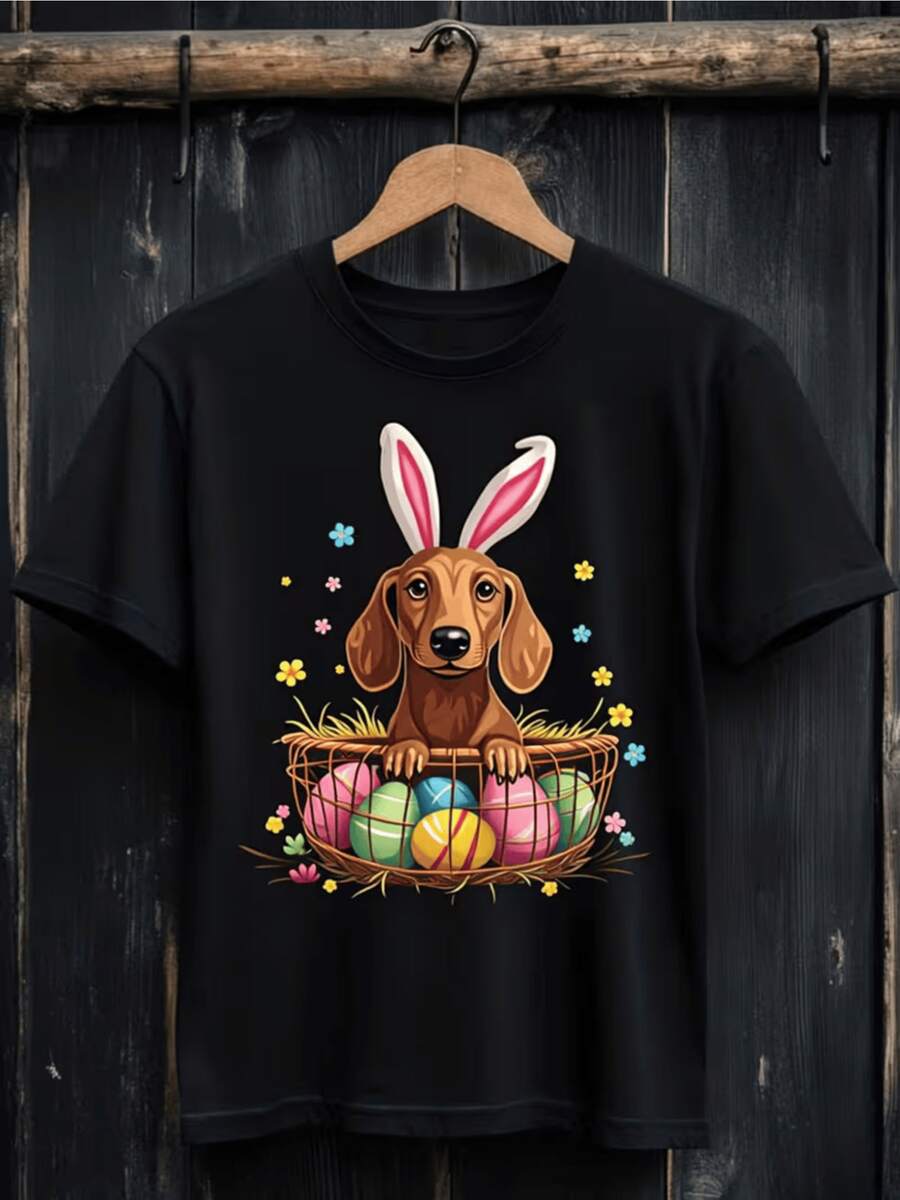 Dachshund With Rabbit Ears Surrounded By Colorful Eggs And Flowers Symbolizes Joy And Tenderness. Comfortable Casual Women's T-Shirt For Everyday Wear. - Black - View 1