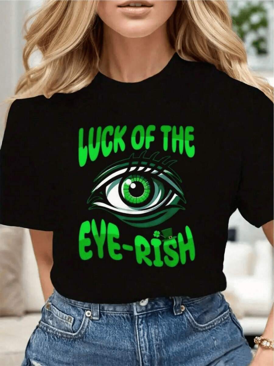 Ojo brillante verde con mensaje de suerte irlandesa que simboliza protección fortuna y energía positiva para atraer buenos momentos camiseta de mujer casual moderna cómoda - Negro - Ver 1