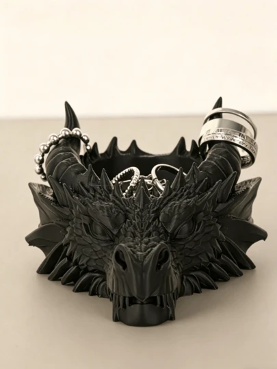 Khay đựng trang sức hình đầu rồng phong cách Gothic, hộp đựng nhẫn và dây chuyền thẩm mỹ tối màu, dùng để trang trí và cất giữ đồ dùng trên bàn làm việc, phù hợp cho bàn trang điểm và trang trí nhà cửa.