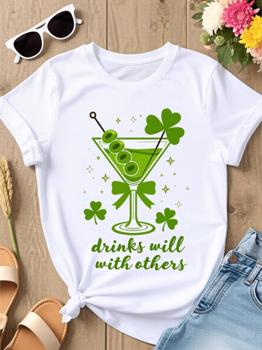 Camiseta de manga corta con cuello de tulación blanco de las mujeres | Camiseta de verano casual, Martini verde suave y transpirable, versátil para el hogar, vies y - regalo perfecto para el día de San Valentín y lascua, camiseta de mujer transpirable OOTD