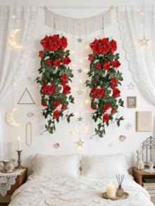 Nejlue Artificial Flowers/Plants1111 Home & Living 1/2支人造红色玫瑰藤蔓花，春季玫瑰装饰，悬挂式花卉，适用于家居装饰、房间装饰、墙面装饰、婚礼拱门、卧室、桌面、生日派对、花园、室内外、春夏季 - 紅色 - 查看 2