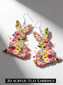 2D Floral Rabbit Egg Print Pendant Earrings, Easter Themed Earrings, Flat Acrylic Material, Suitable For Daily And Holiday Wear, Elegant And Fashionable Earrings, Creative Design, Suitable For All Seasons - Flower Rabbit - View 4
