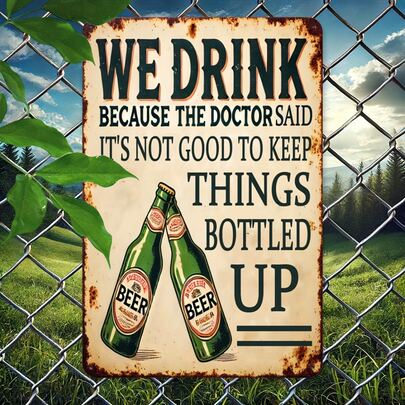 Vintage Beer Humor Metal Sign "We Drink Because The Doctor Said It's Not Good To Keep Things Bottled Up" - Durable Wall Decor For Bar, Restaurant, Street, Outdoor, Retro Poster, 1 Pack, 20x30cm, Outdoor Signage, Restaurant Decoration