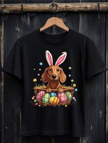Dachshund With Rabbit Ears Surrounded By Colorful Eggs And Flowers Symbolizes Joy And Tenderness. Comfortable Casual Women's T-Shirt For Everyday Wear. - Black - View 8