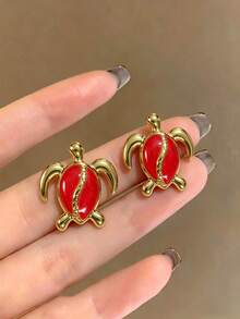 Elegant Enamel Sea Turtle Earrings, Bohemian Beach Ocean Stud Earrings, Delicate And Fashionable Sea Turtle Earrings, Women's Animal Jewelry, Suitable For Beach Parties And Balls As Accessories - H2-01 Red - View 1
