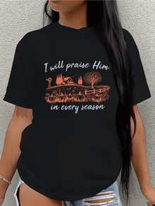 Paisaje de granja con calabazas árboles molino de viento y casa que simboliza gratitud y fe constante en todas las estaciones camiseta de mujer con estampado inspirador y cómodo para uso diario - Negro - Ver 8