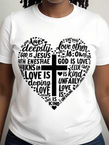 Camiseta de manga corta con cuello de tulación blanco de las mujeres - suave transpirable relado - línea suelta de uste tee con impresión cruz del corazón, blusa de verano casual Top adecuado para el hogar, vies, día de San Valentín y regalo de Pascua, ropa lavable en la máquina - Blanco - Ver 2