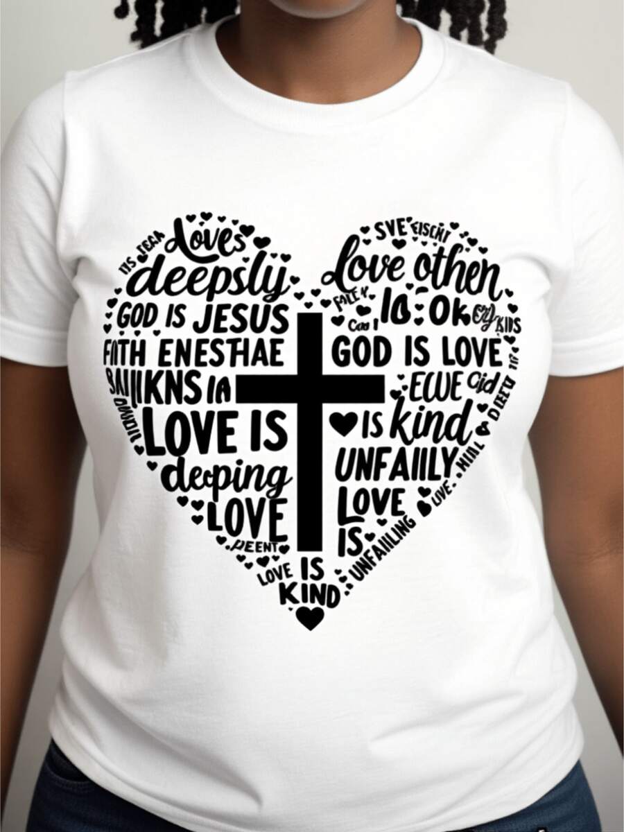 Camiseta de manga corta con cuello de tulación blanco de las mujeres - suave transpirable relado - línea suelta de uste tee con impresión cruz del corazón, blusa de verano casual Top adecuado para el hogar, vies, día de San Valentín y regalo de Pascua, ropa lavable en la máquina