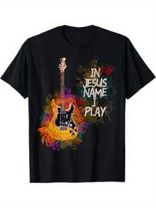 Vintage Christian Guitarist Graphic T-Shirt "In Name I Play Guitar" - Short Sleeve T-Shirt, Breathable And Casual With Vibrant Guitar Print, Regular Fit For All Seasons, Casual Wear T-Shirt | Vibrant Print T-Shirt | Shirt, A Short Sleeve Blouse Suitable For Home, Daily Wear, Parties And Travel - Perfect As A Gift For Friends Or Family. - 黑色 - 查看 1