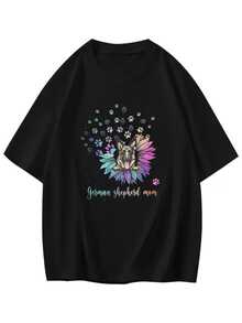 Flores coloridas rodean el rostro majestuoso de un pastor alemán que simboliza la fuerza la lealtad y el amor entre humanos y animales camiseta de mujer casual moderna para amantes de los perros - Negro - Ver 1